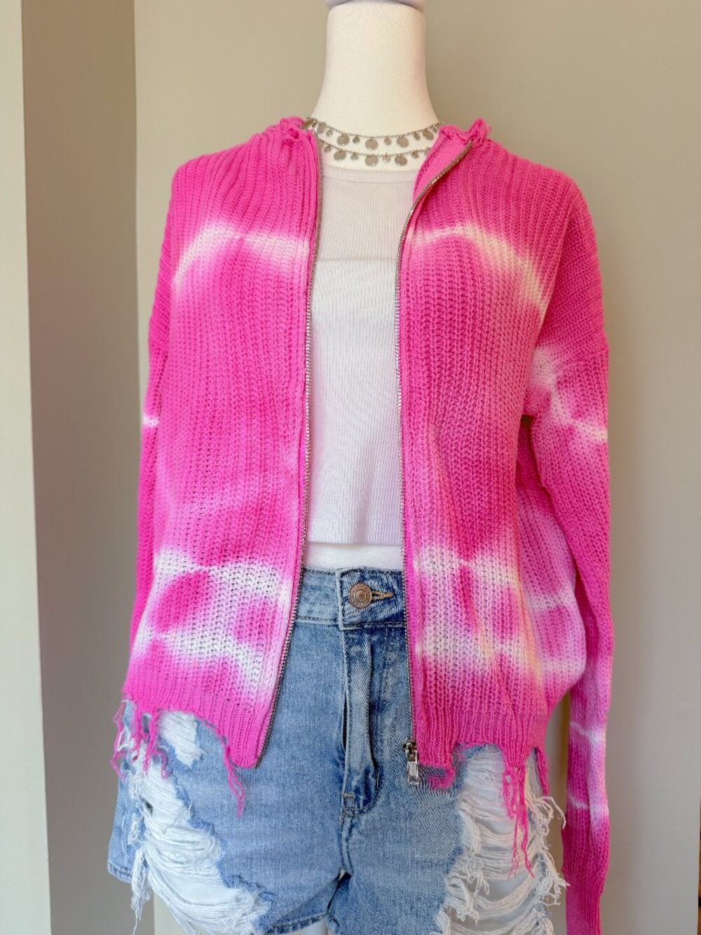 Elan Pink Tie-Dye Fringe Full Zip Up - Size M